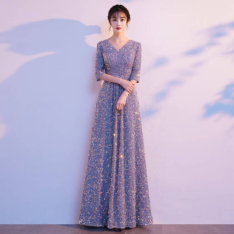 HKPK女生獨(dú)唱演出服晚會禮服女年會大合唱女長裙主持人學(xué)生成人合唱團(tuán) 灰藍(lán)色 XL