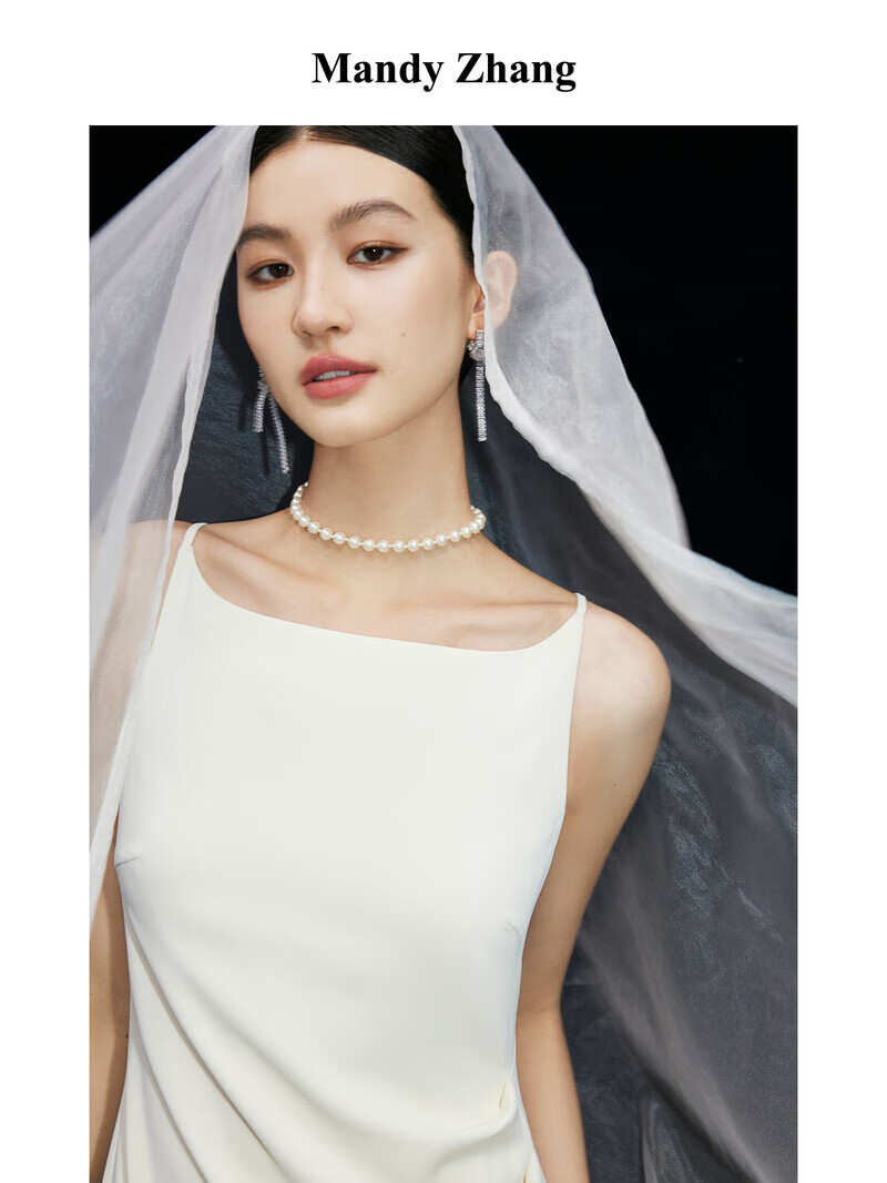 Mandy Zhang一字領(lǐng)白色吊帶訂婚禮服連衣裙女夏季氣質(zhì)長(zhǎng)款小白裙子 珍珠白 S