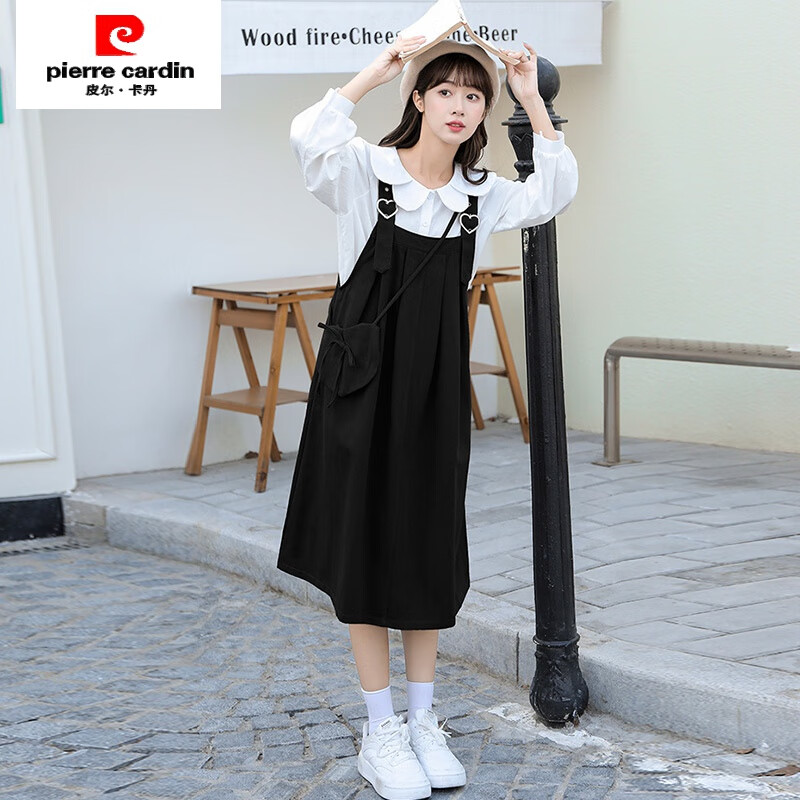 皮爾卡丹（pierre cardin）奶系背帶裙兩件套裝女春秋新款小個子休閑氣質(zhì)學(xué)院風(fēng)連衣裙子 黑色背帶裙+襯衫兩件套裝 L 110-125斤