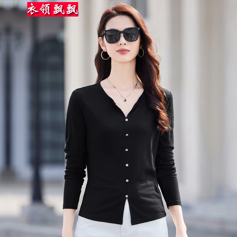 衣领飘飘时尚流行V领长袖t恤内搭开衫女装春秋款新款衣服上衣体恤小衫潮流 黑色 S (80-95斤)
