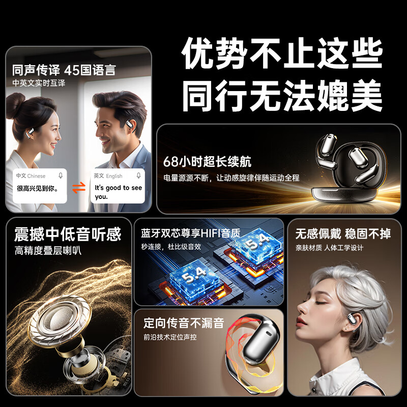 FEINADE【柏林之声丨顶配新款】蓝牙耳机挂耳式无线耳机骨传导概念开放式不入耳降噪运动超长续航适用华为 高雅灰|ENC降噪|超强音质|不漏音