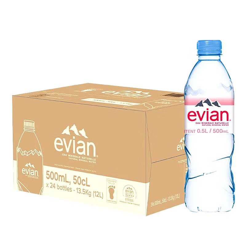 依云（evian）法国原装进口天然矿泉水500ml*24瓶(软瓶)饮用水 整箱装