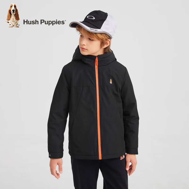 暇步士（Hush Puppies）童装儿童男女童秋季厚外套摇粒绒内里保暖时尚休闲厚风衣 钻石黑 160