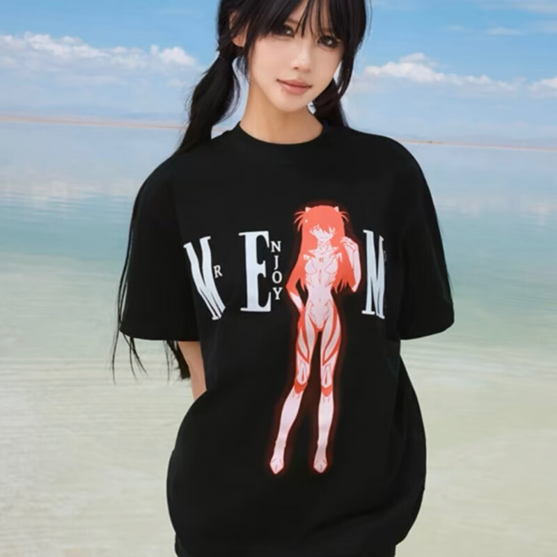 MEDMxEVA联名发光人物线稿短袖男女同款T恤情侣潮牌夏季宽松休闲上衣 黑色 (280G高克重纯棉) S (三标齐全)