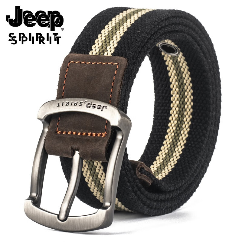 吉普（JEEP）針扣帆布腰帶男女通用百搭休閑皮帶潮款布牛仔褲帶青年軍訓潮 黑條紋 120cm