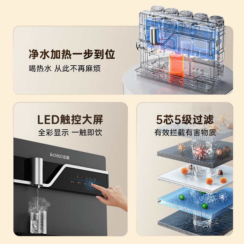 志高(CHIGO)【智能升级款】净水器家用加热制冷直饮一体壁挂式反渗透净水机接自来水过滤器带自吸饮水机 HR106两年滤芯套餐
