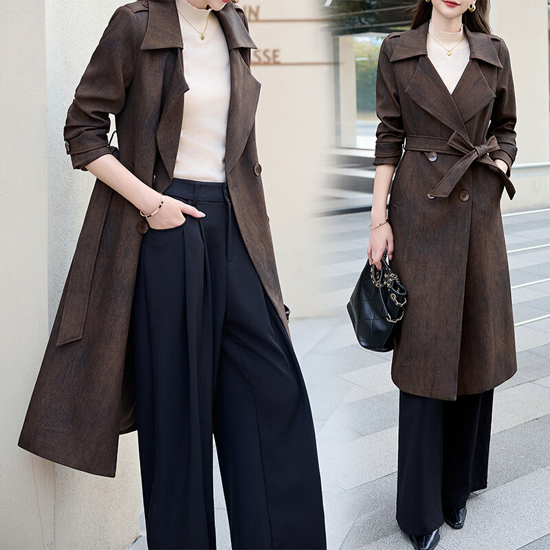 古地斯（GuDiSi）女士風衣2025新款英倫中長垂感雙排扣輕奢風收腰氣質洋氣減齡風衣 摩卡色 M