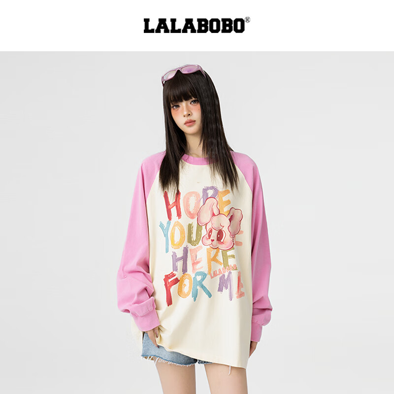 LALABOBO【陈丹妮同款】长袖T恤纯棉多巴胺原创宽松可爱薄卫衣LBEA-WSDT17 粉色 M