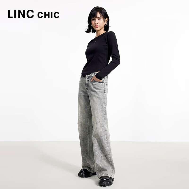 金羽杰2025年春季新品修身圆领长袖T恤女短款轻薄款内搭上衣S251FK019Y 黑色 S 适合95斤以下