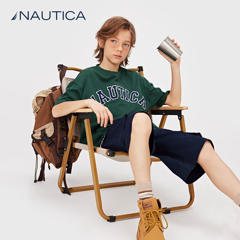 NAUTICA诺帝卡童装 男童女t恤夏季儿童透气短袖全棉大童春装上衣衣服 墨绿-短袖（清仓价） 140