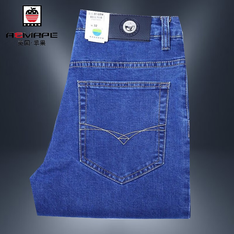 AEMAPE美国苹果新款牛仔裤春夏直筒宽松弹力中腰斜口袋薄款男士休闲长裤 蓝色- 厚款 30 二尺三