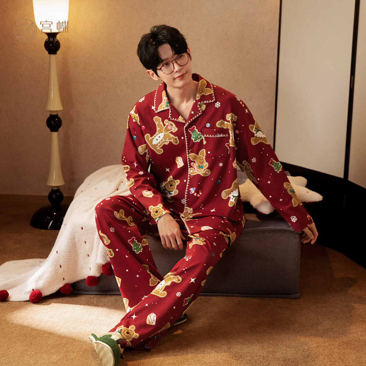 宮蝶【輕柔軟】迪士尼噗噗熊紅色睡衣女春秋新婚長袖純棉家居服男 小熊紅色套裝男 2XL （建議140-160斤）
