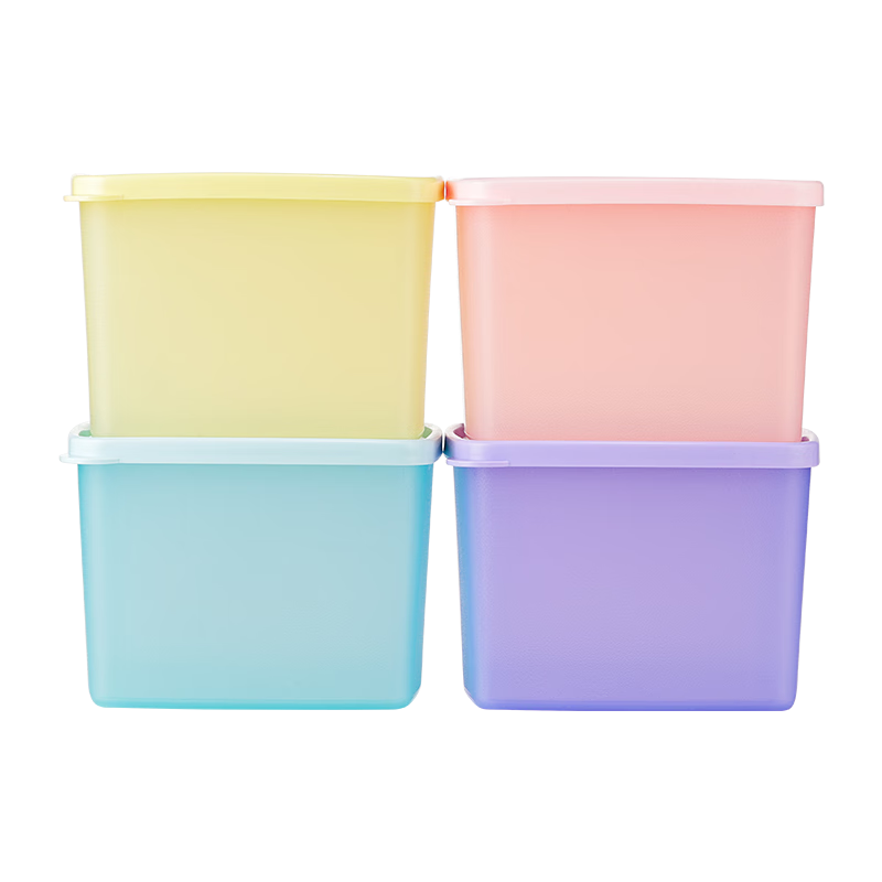 特百惠（Tupperware）800ml*4方形保鮮盒食品級冰箱水果收納盒密封4件套儲物盒 彩色蓋