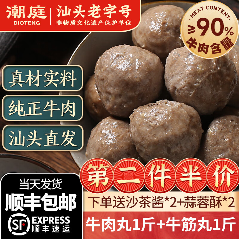 潮庭潮汕功夫牛肉丸 牛肉含量≥90% 汕头生产火锅食材烧烤关东煮 牛肉丸1斤+牛筋丸1斤