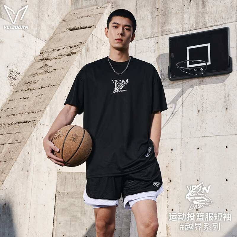 维动（VEIDOORN）越界短袖t恤男春夏款潮流大码透气圆领上衣青少年宽松短t网眼 黑色 2XL