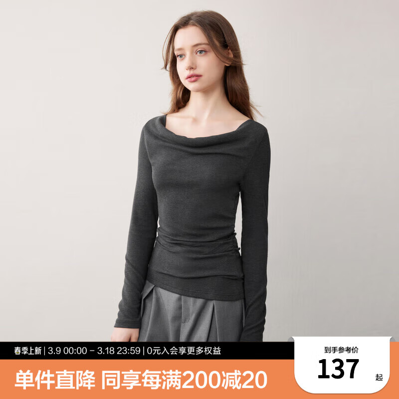 乐町韩系清甜风荡领设计长袖T恤2024秋季新款不规则打褶修身上衣 深灰（现货） S