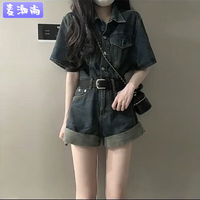 麥潮尚美式復(fù)古寬松牛仔連體牛仔裙一體式夏少女感收腰顯瘦闊腿短褲 牛仔褲裙 【贈(zèng)送皮帶】 M