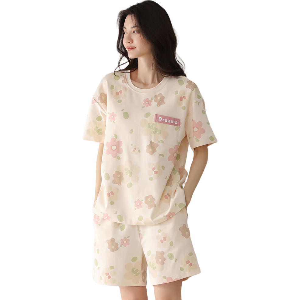 欧迪芬【100%棉抑菌】女士睡衣女夏季短袖纯棉可外穿家居服套装小花L