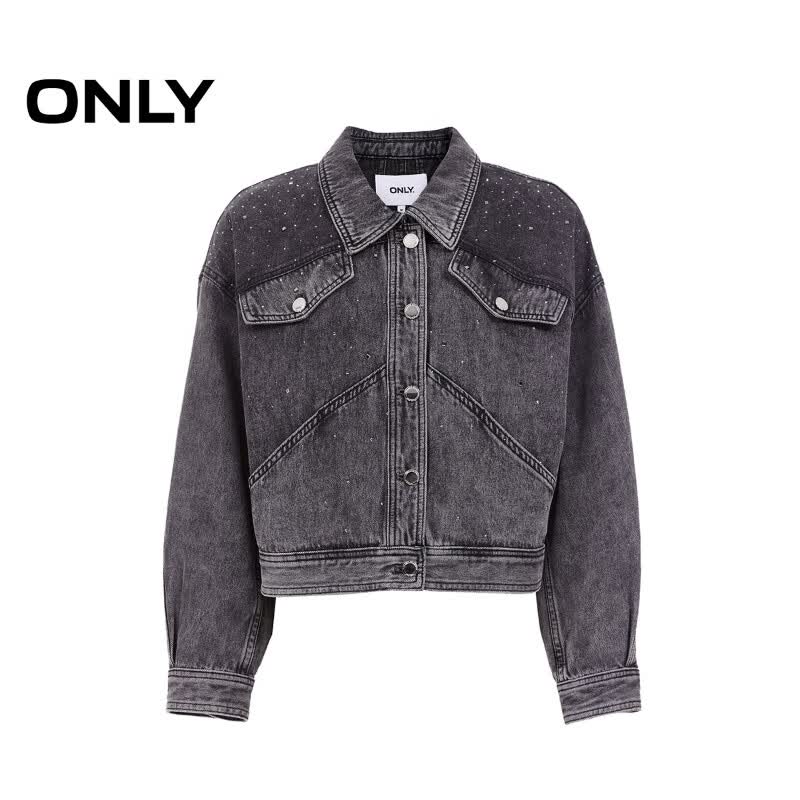 ONLY2025秋季新款复古水洗水钻OVERSIZE翻领牛仔外套女|125154005 J0Z 牛仔灰 S
