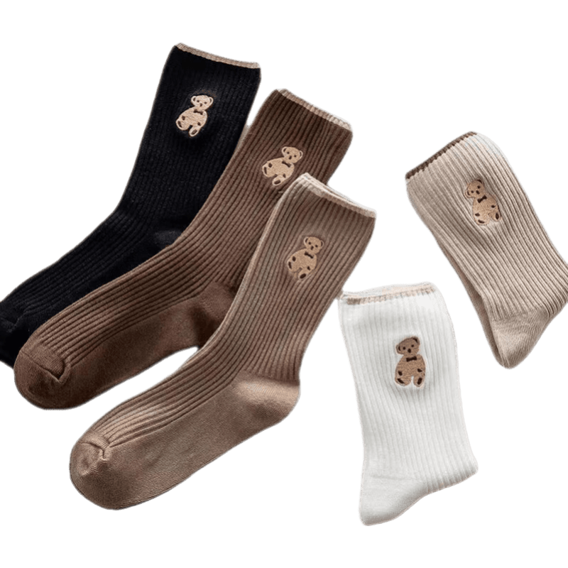 y will love)泰迪熊袜子秋季女中筒袜复古日系可爱女袜吸汗透气休闲袜