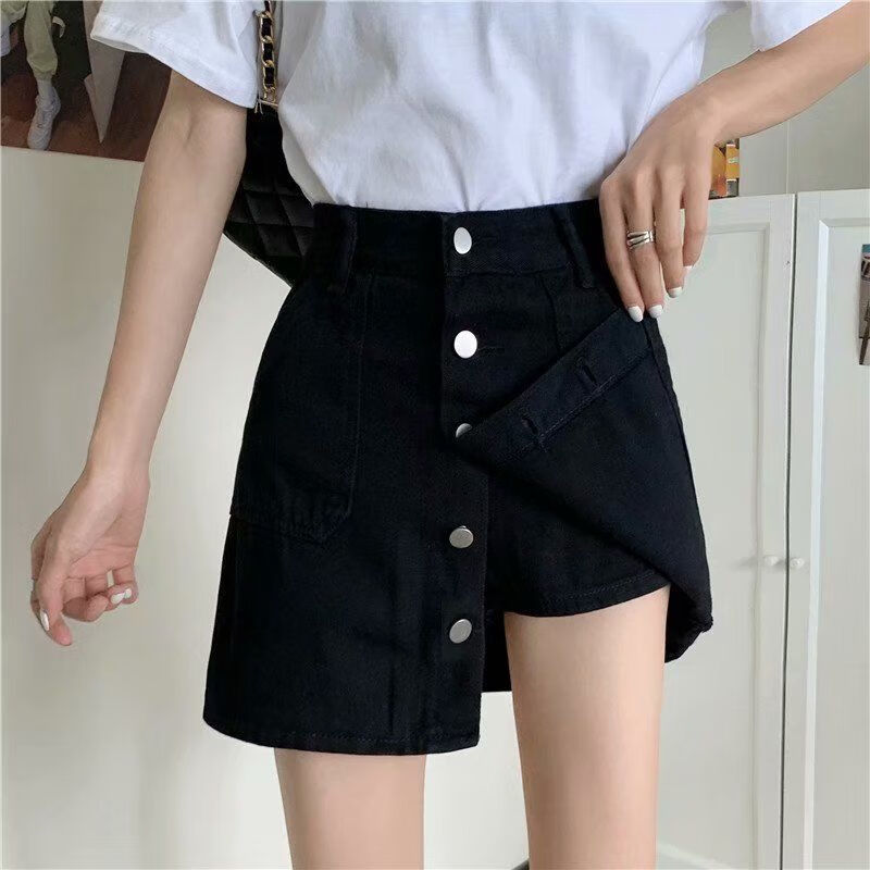 牛仔短裙女夏宽松显瘦半身裙内衬防走光a字裙 黑色 【排扣有内衬】 s