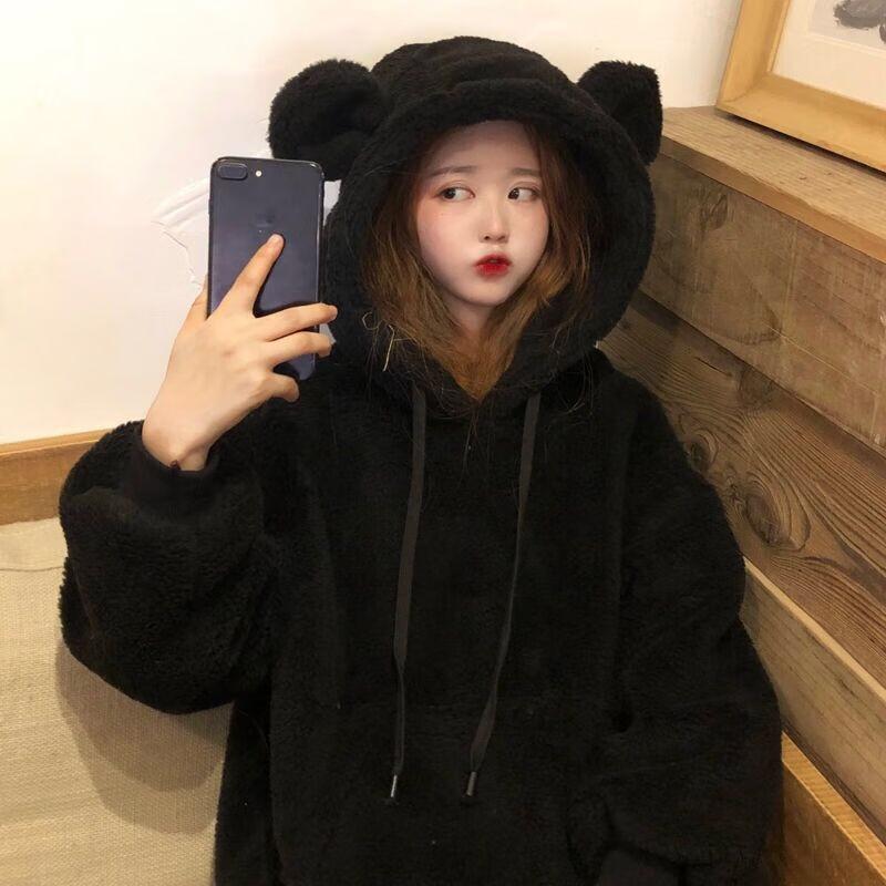 鲨鱼裤的上衣女大码遮肉显瘦宽松胖mm200-300斤卫衣加厚小熊 耳朵黑色