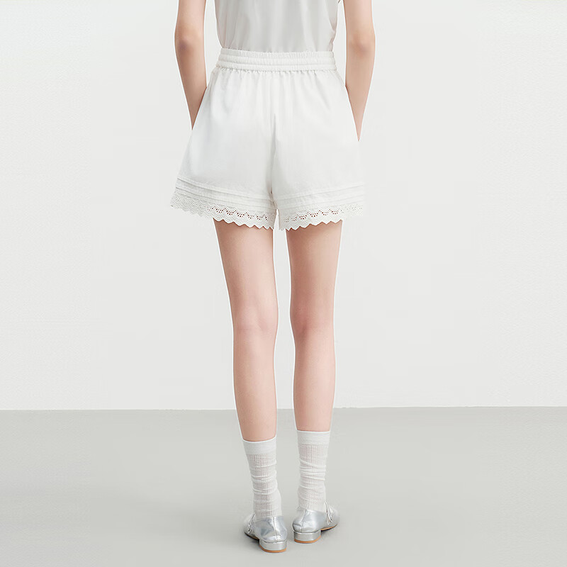 乐町A版花边短裤2025夏新款松紧腰阔腿裤显瘦小个子休闲百搭裤子 亮白（现货） L