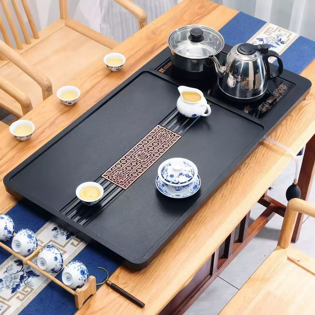 合成乌金石茶盘全自动一体烧水壶套装客厅办公室家用简约茶台茶具 长窗花  （85*45cm开孔一体） 带玻璃烧水壶