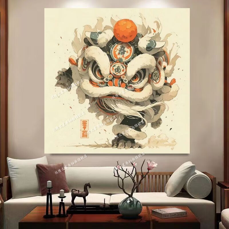 语森忆双狮滚绣球狮子挂画国潮醒狮卷轴挂画油画布装饰画家居网红墙上