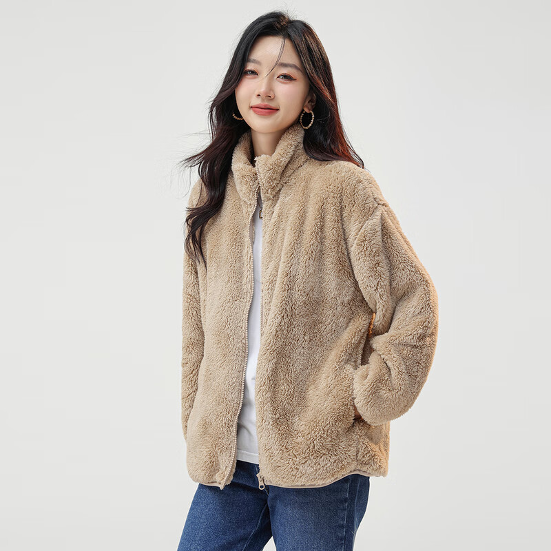 雪中飞早春新款防风袖口休闲立领软糯亲肤女士多色摇粒绒夹克外套女 米咖色|7082 L 165/88A