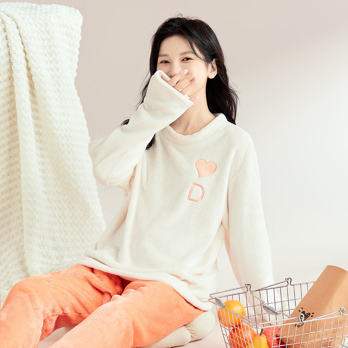 都市丽人女士睡衣女加绒冬季法兰绒加厚保暖圆领套头可外穿家居服套装女 【字母法兰绒】橘粉色 M