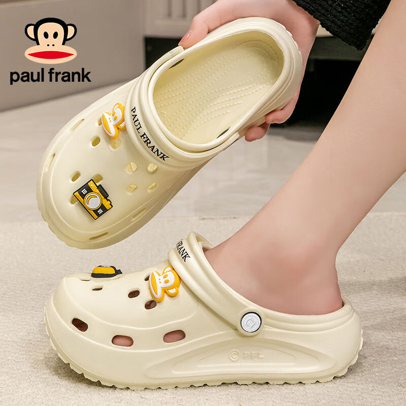 大嘴猴（paul frank）洞洞鞋男夏外穿时尚百搭轻便透气防滑增高厚底拖鞋女踩屎感 奶白 38-39 脚宽脚背高拍大一码