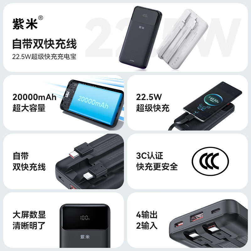紫米【3C认证】自带线充电宝20000毫安大容量可上飞机22.5W超级快充移动电源适用苹果华为小米 【自带双线快充】20000mAh|可上飞机|白色 苹果安卓耳机等全都能充
