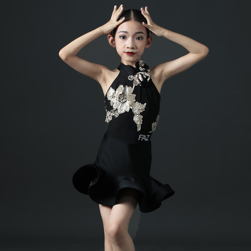 喆湘演出服FZ夏少儿网红舞蹈练习练功服装女童拉丁舞蹈儿童表演训练 黑色印花鱼尾裙 分体套装 140 cm