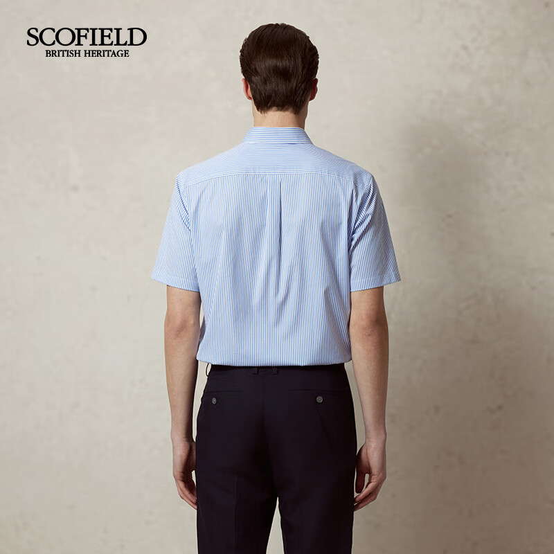 Scofield男士25春新品简约棉质时尚条纹休闲蓝色短袖衬衫翻领上衣 蓝色 M (170)
