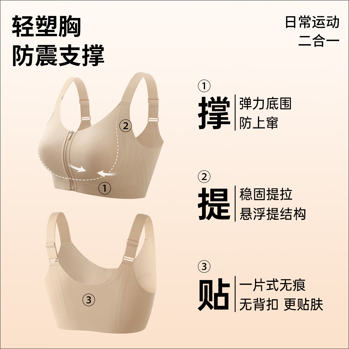 润微一拉薄大胸显小内衣女薄款无痕前扣拉链提拉防下垂收副乳文胸 【夏季薄款】隐形肤+燕麦奶 (2件更划算) XL (85BC)