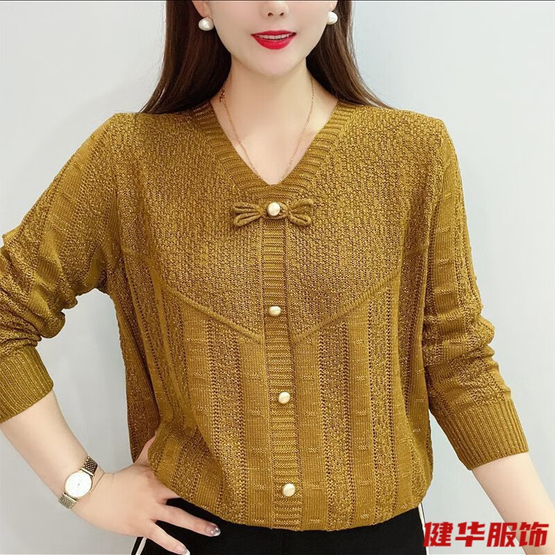 茵侈洋气百搭V领长袖针织衫女春秋新款时尚宽松显瘦中年妈妈上衣 姜黄色 S 建议80-95斤