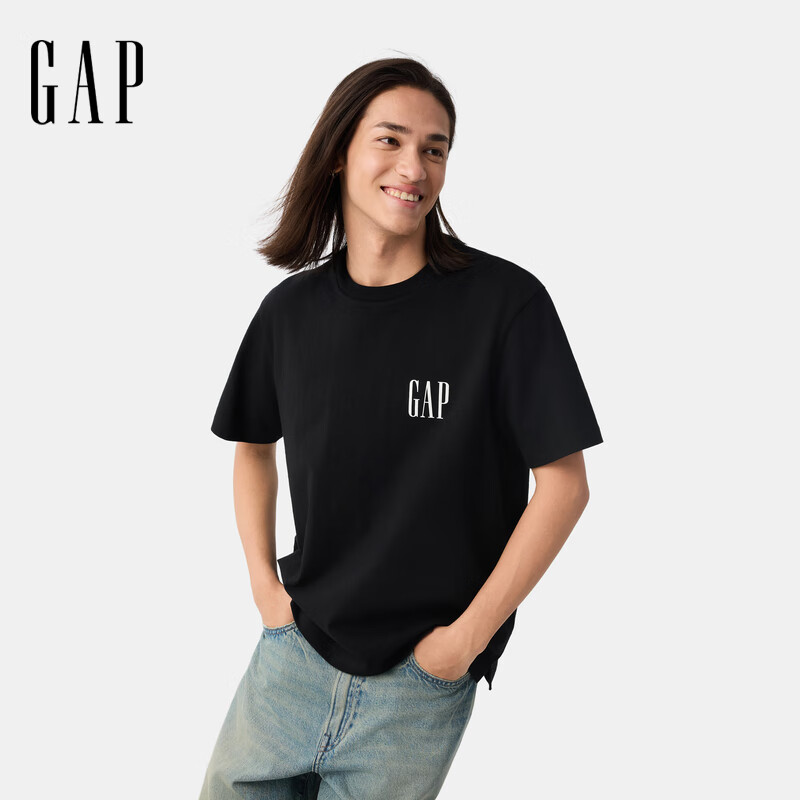 Gap男女装2025春季新款印花logo纯棉圆领宽松短袖T恤美版729123 黑色 M 美码 L亚洲码180/96A