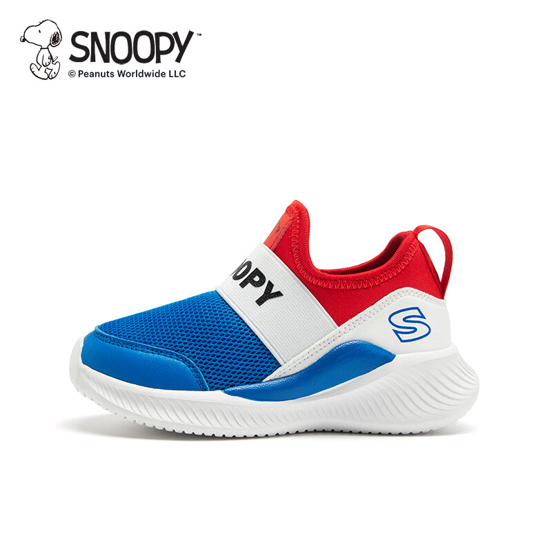 史努比(SNOOPY)童鞋男童跑步鞋透气网面舒适运动鞋春秋新款一脚蹬休闲鞋女 蓝/红 (春秋网布款) 30 码适合脚长17.8-18.3cm