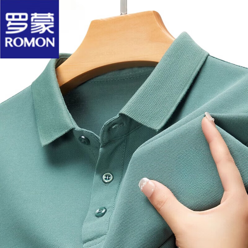 罗蒙(ROMON)100%纯棉短袖t恤男士夏季新款翻领polo衫宽松休闲简约纯色上衣男 纯色净版206绿色 L 170建议120-135斤