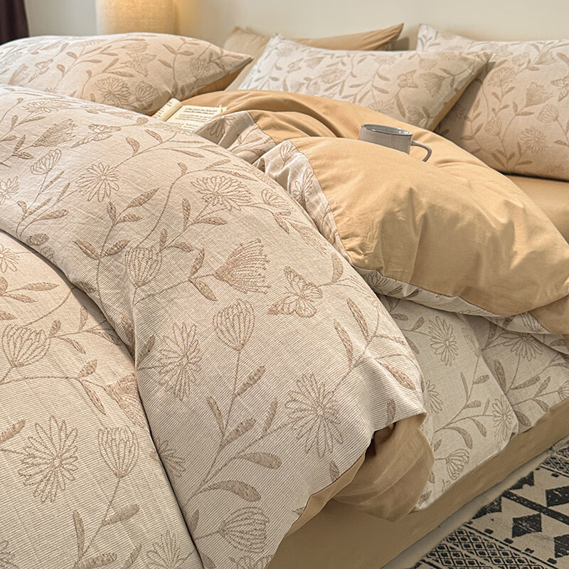 苏萱A类双层纱纯棉床上四件套100全棉裸睡被套床单2025新款床品三 蝶恋花-香槟金 床单款 0.9m床单款三件套-被套150x200cm