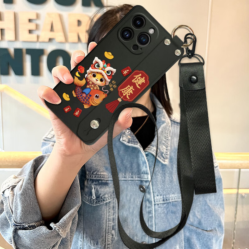 饰卓适用2025蛇年红米14c保护套小米redmi 10a腕带9A手机壳13r好运锦鲤14r防摔12c软壳13c男女款斜挎绳 好运锦鲤-健康腕带支架+黑壳+长短绳 红米13C