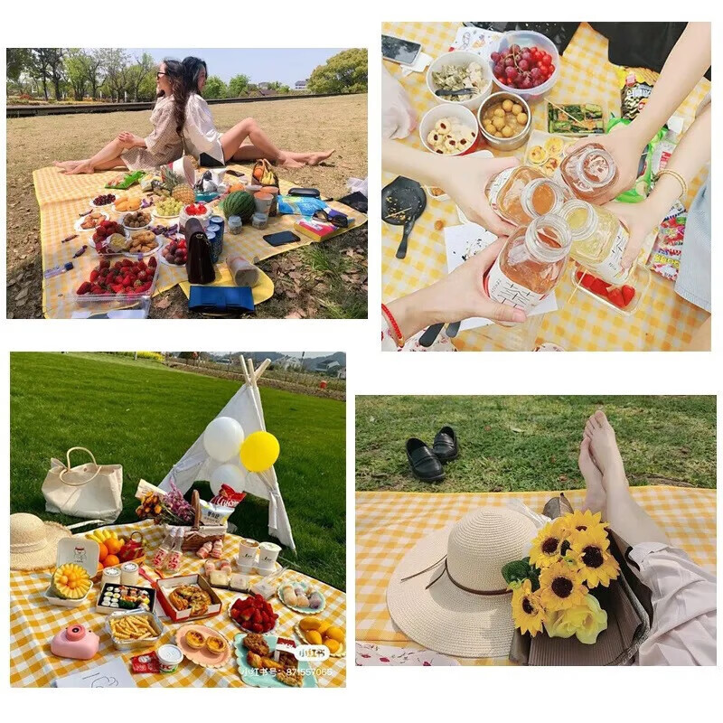 野餐垫防潮垫加厚户外野餐布露营防水坐垫便携防潮布帐篷折叠地垫 加厚黄格子1.5*2米可围坐4-6人*1
