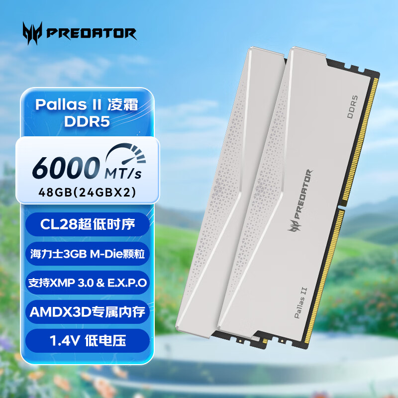 宏碁掠夺者（PREDATOR）48G(24G×2)套装 DDR5 6000频率 台式机内存条 Pallas II 凌霜系列 (C28)星光银 AI电脑存储配件