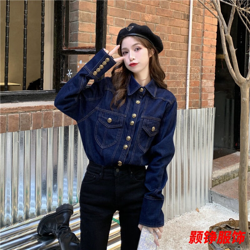 事思牛仔襯衫女裝長袖別致上衣春秋新款疊穿復(fù)古港味百搭襯衣外套 深藍(lán)色 S