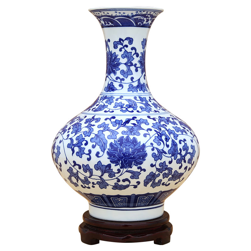 傲世景德鎮(zhèn)陶瓷器青花瓷花瓶工藝品客廳擺件玄關(guān)辦公室博古架裝飾品 青花纏枝蓮扁瓶+底座+證書