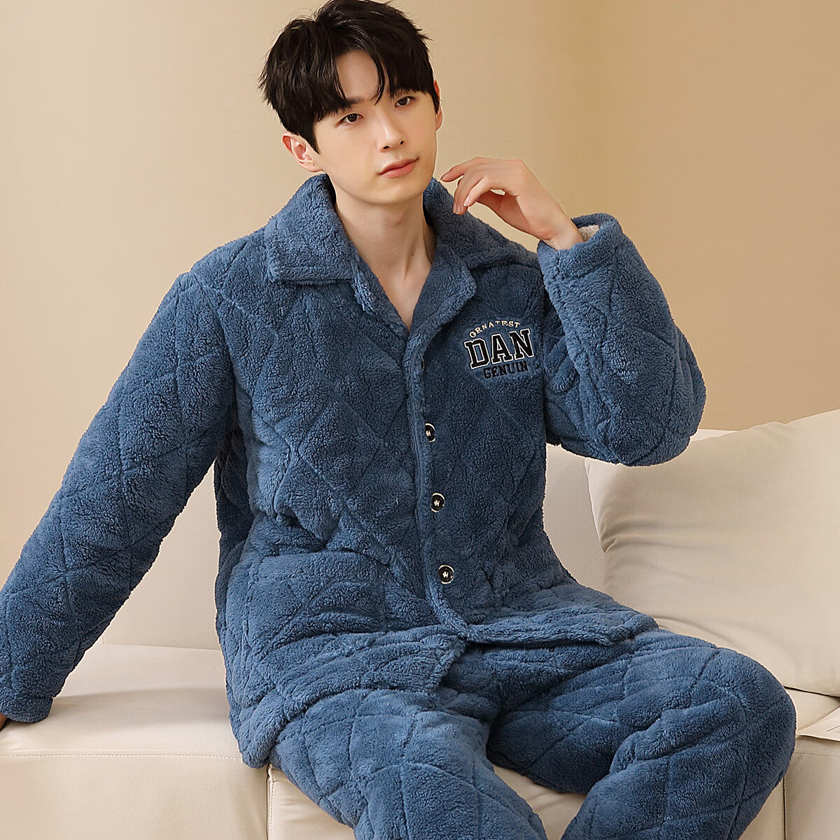 香蜜闺秀【三层夹棉加厚】男士睡衣秋冬新款长袖可外穿保暖男士家居服套装 W3424013宝蓝 XL