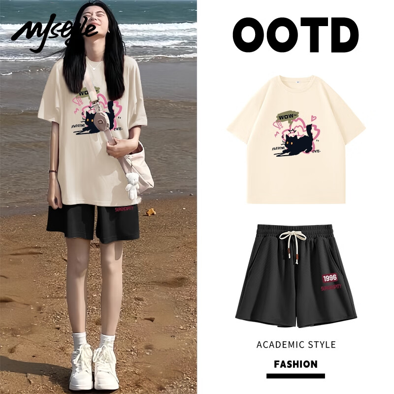MJ STYLE纯棉短袖T恤短裤套装女2025年夏季宽松时尚清新休闲百搭两件套