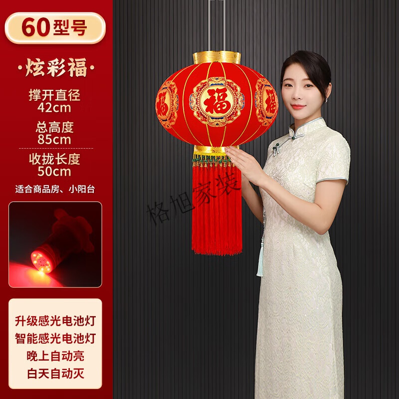 歐妮姿2025新款大紅植絨燈籠掛飾春節(jié)過年戶外大門口陽臺一對宮吊燈裝飾 60#平安珠流蘇(炫彩福字)+光感電