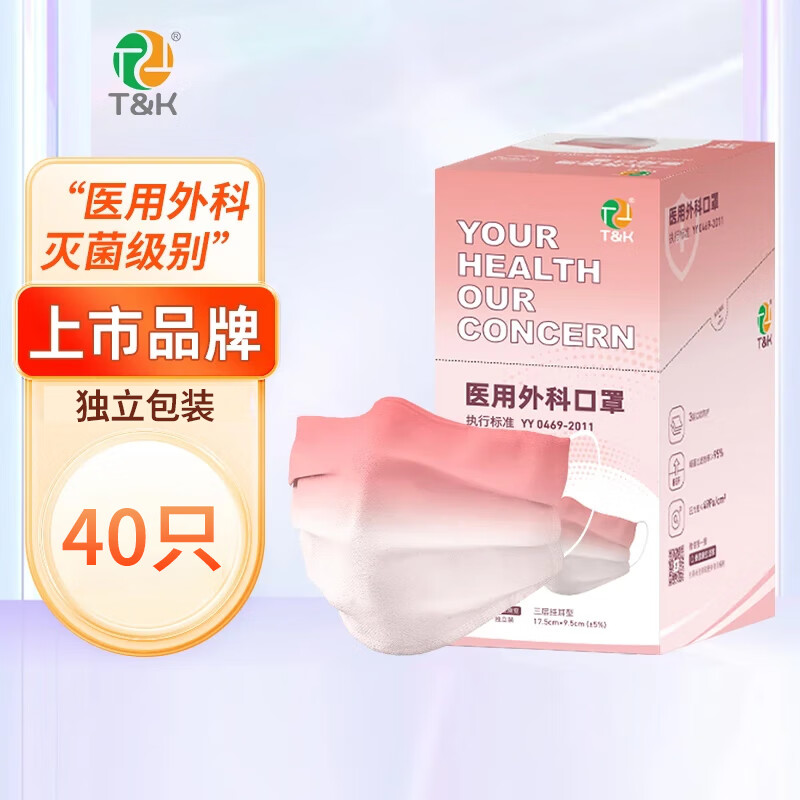 泰恩康一次性灭菌级医用口罩 莫兰迪彩色男女潮流个性口罩医用独立包装 腮红渐变40只/盒